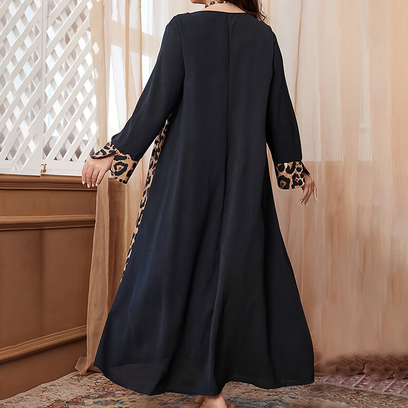 Womens Leopard Print Maxi Dresses Color Block Long Sleeve Dress Casual Summer Dresses - Image 3