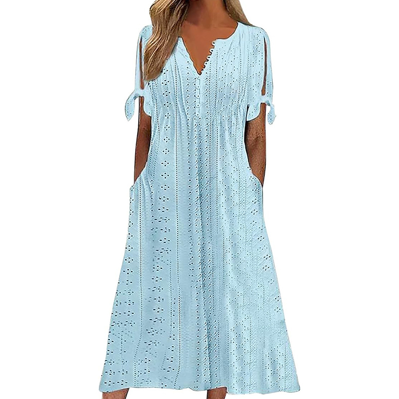 Women's Eyelet V-Neck Maxi Dress Short Sleeve Flowy A-Line Summer Beach Dress - Image 8