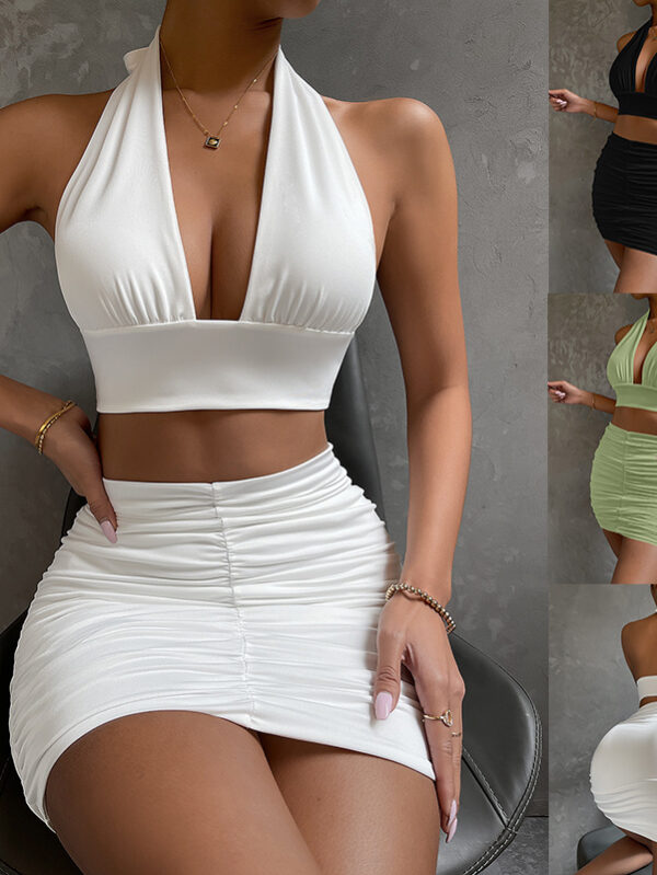 2pcs-dress-suits-for-women-halter-lace-up-hip-top-and-pleated-hip-covering-skirt