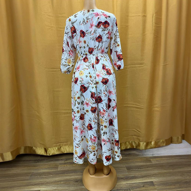 Women's Elegant Floral Print Boho Dress - Round Neck Half Sleeves Flowy Maxi Dress - Image 5