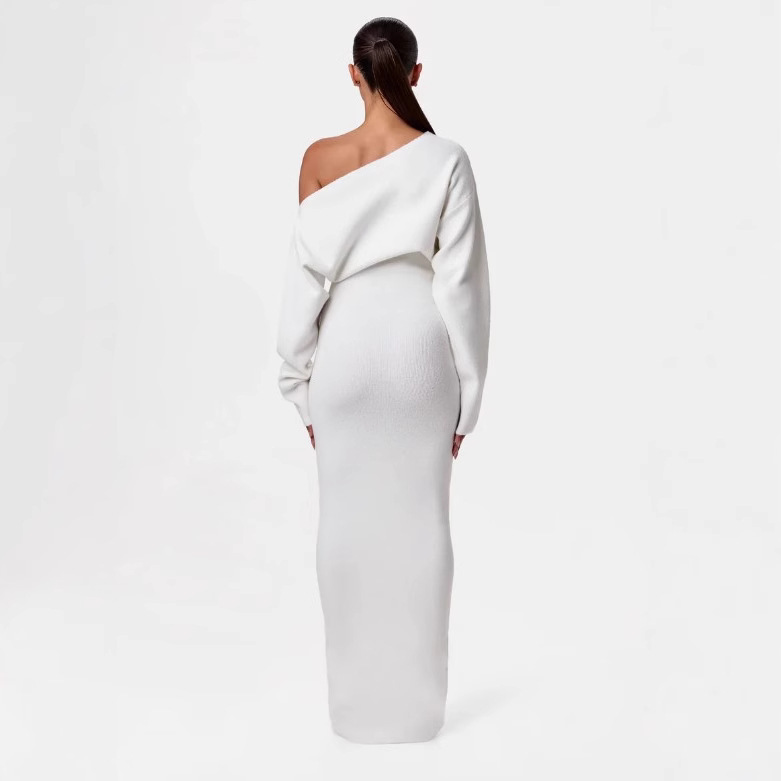 Ins Slim Long Sleeve Knitted Dress Evening Party Sexy Off-shoulder Bodycon Long Dresses - Image 7
