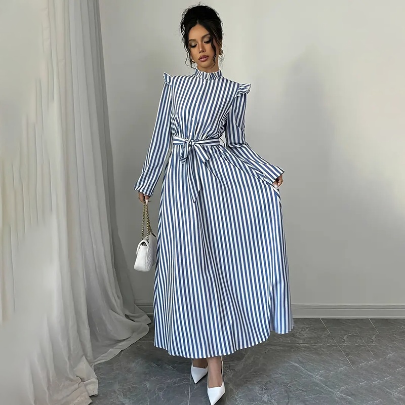 Women's Floral Print Long Sleeve Maxi Dress - Stand Collar A-Line Dress With Waist Detail, Lantern Sleeves & Ruffle Hem For Spring&Fall - Image 7
