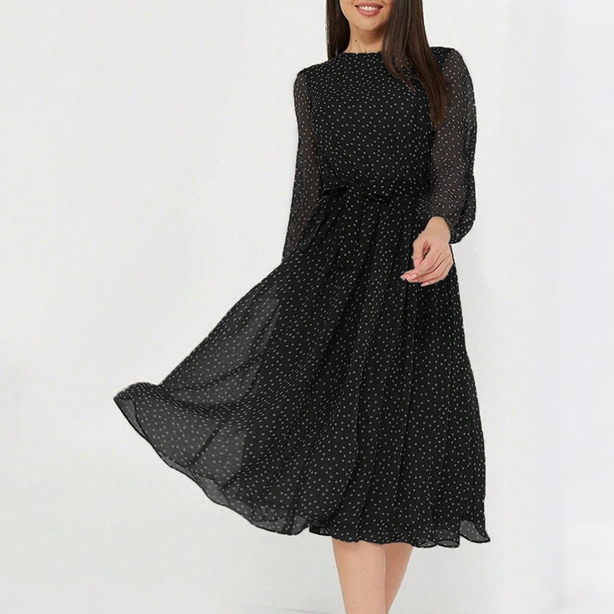 European And American Leisure Vacation Style Polka Dot Long Sleeve Maxi Dress - Image 3