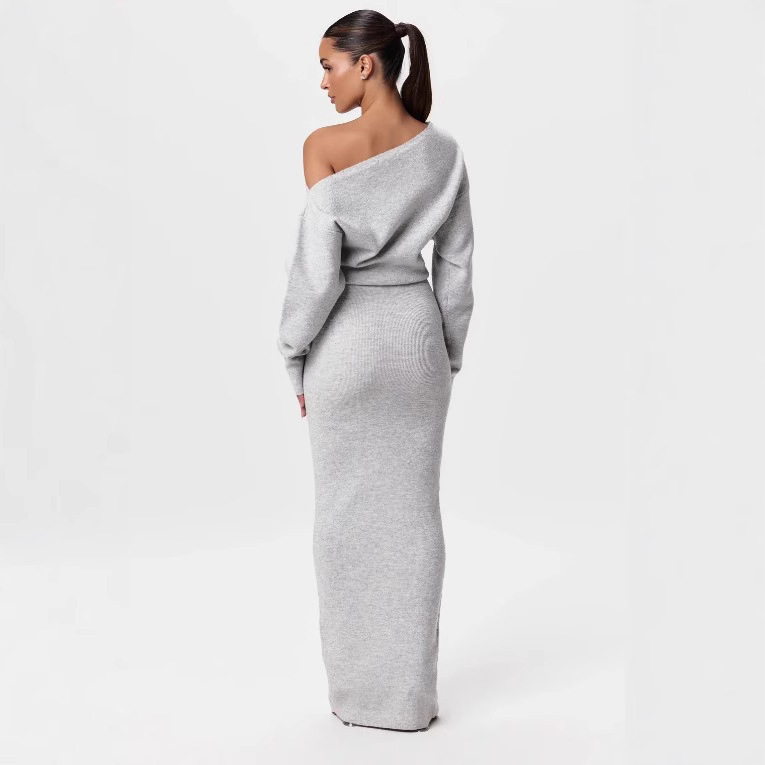 Ins Slim Long Sleeve Knitted Dress Evening Party Sexy Off-shoulder Bodycon Long Dresses - Image 4