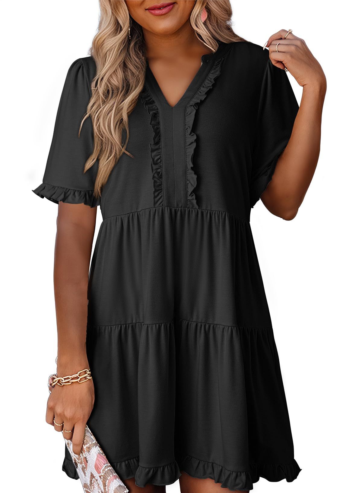 Womens Dresses Summer Spring V Neck Short Sleeve Casual A Line Flowy Swing Dress Mini Dress - Image 9