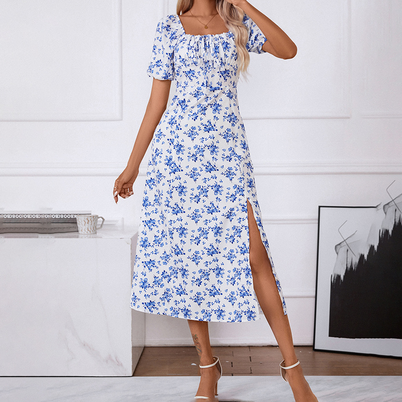 Women's Square Neck Floral Print Dress With Puff Sleeves & Side Slit - Elegant Spring Summer Boho Maxi Dress - Image 8
