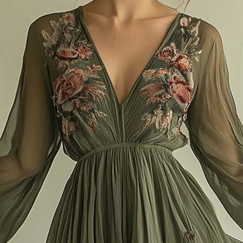 Women's Elegant V-Neck Green Floral Print A-Line Maxi Semi-Sheer Long Sleeve Spring&Summer Dress - Image 3