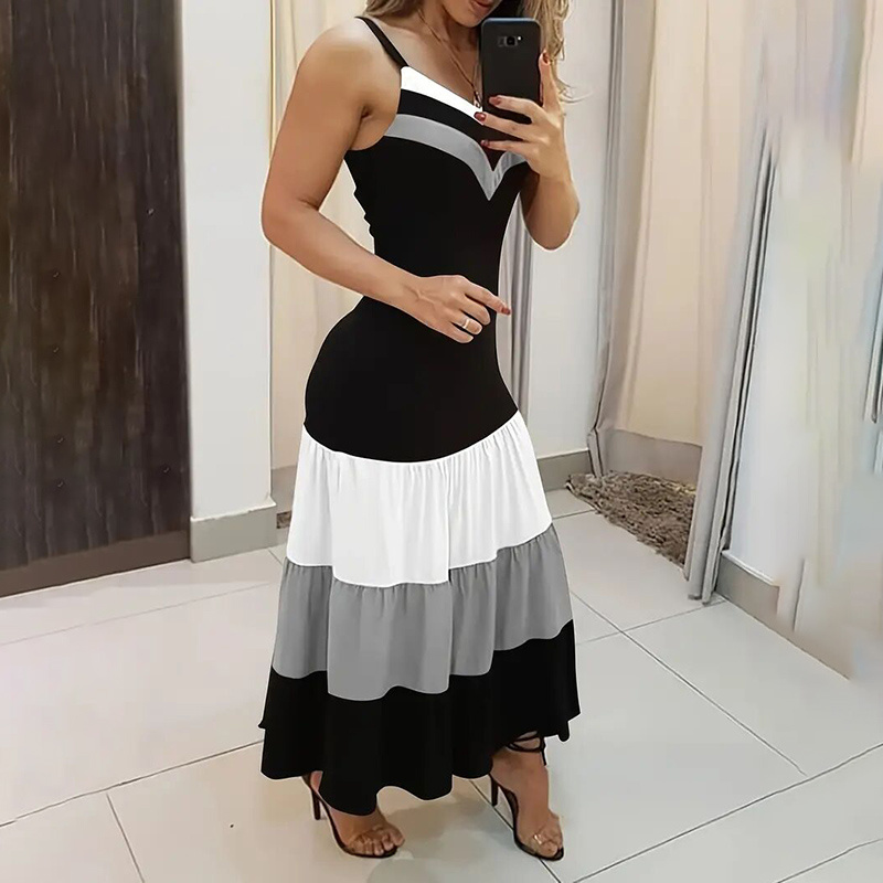 Women's Summer Casual Sleeveless V Neck Color Block Spaghetti Strap Maxi Long Dress - Image 7