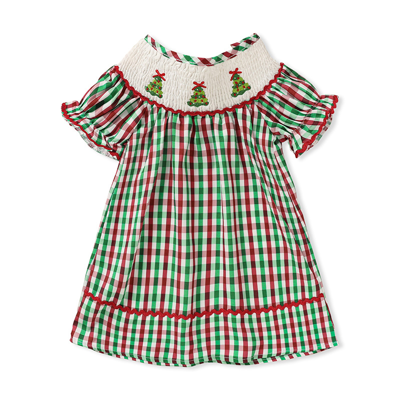 Toddler Infant Baby Girls Christmas Dress Short Sleeve Christmas Tree Embroidered Plaid Casual Party Dresses - Image 10
