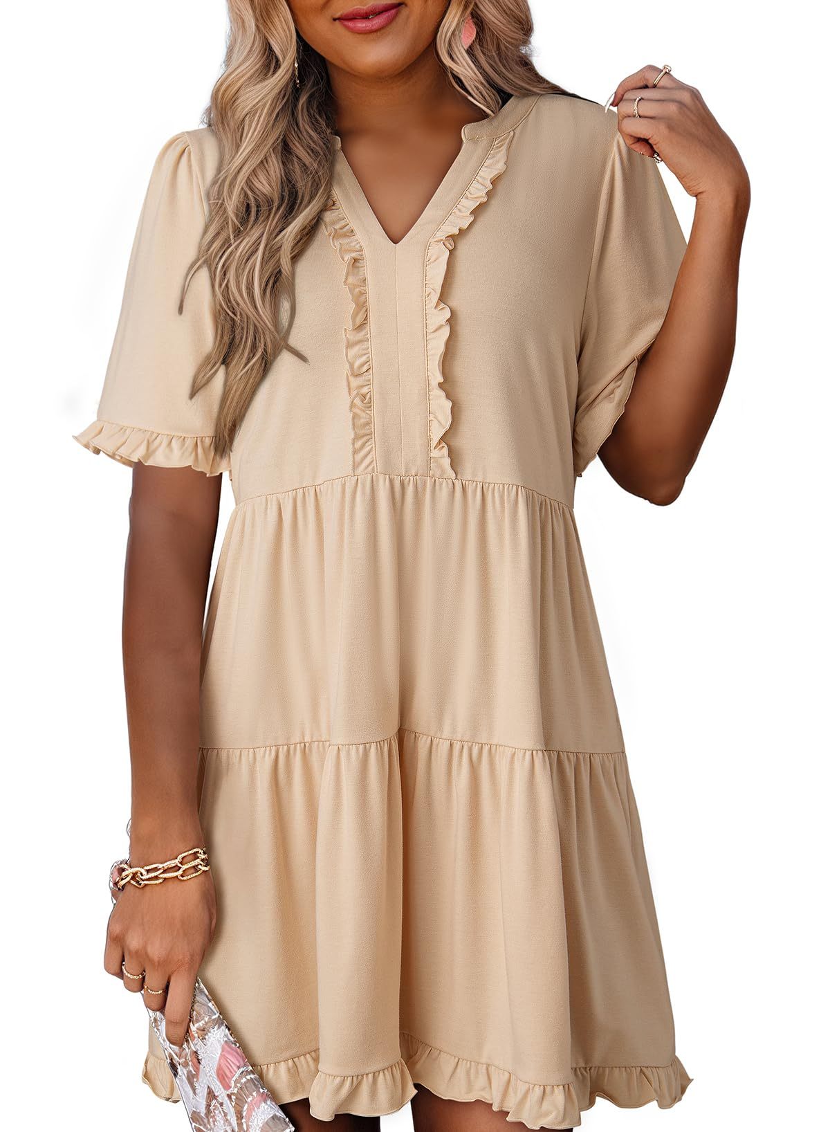 Womens Dresses Summer Spring V Neck Short Sleeve Casual A Line Flowy Swing Dress Mini Dress - Image 2
