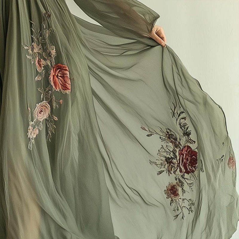 Women's Elegant V-Neck Green Floral Print A-Line Maxi Semi-Sheer Long Sleeve Spring&Summer Dress - Image 5