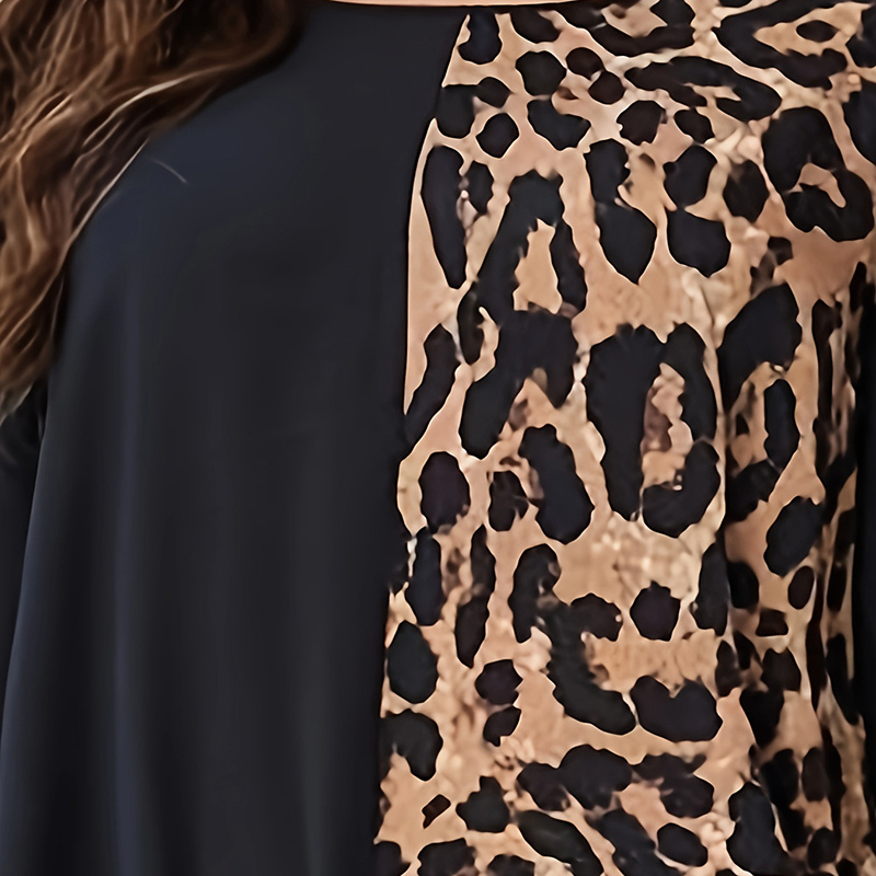 Womens Leopard Print Maxi Dresses Color Block Long Sleeve Dress Casual Summer Dresses - Image 4