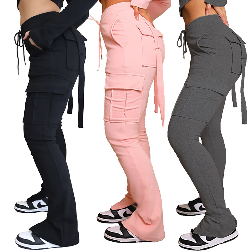 Cargo Pants With Pockets High Waist Drawstring Wide Leg Straight Trousers For Women Overalls - Image 7