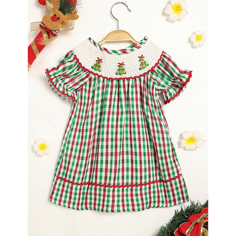 Toddler Infant Baby Girls Christmas Dress Short Sleeve Christmas Tree Embroidered Plaid Casual Party Dresses - Image 3