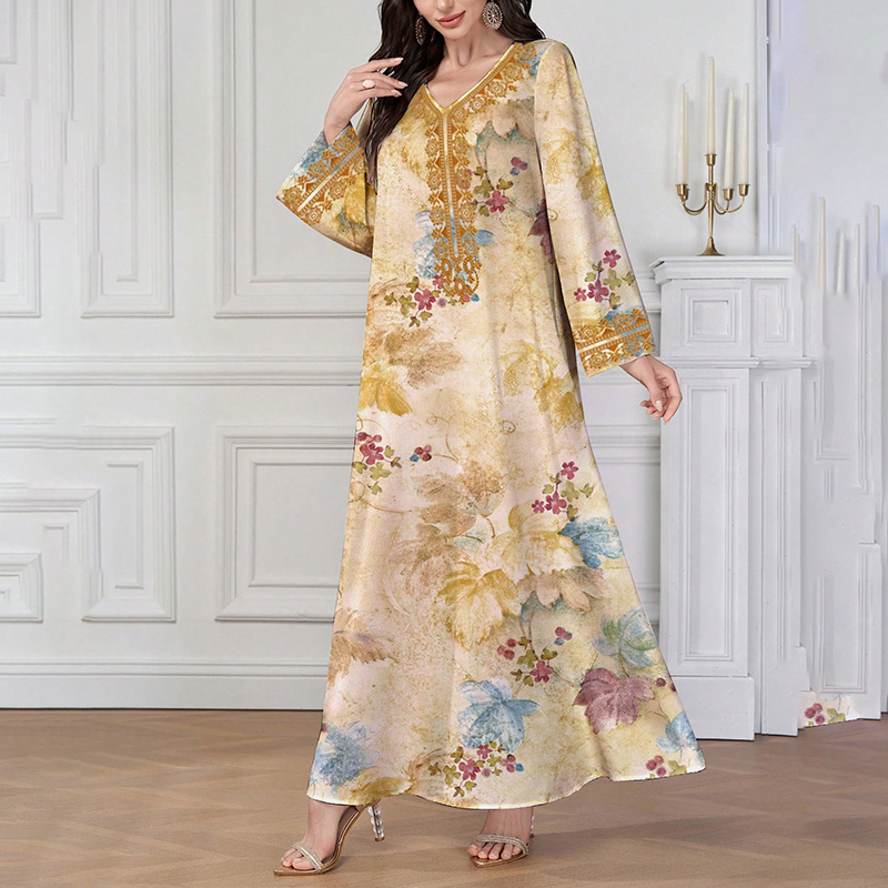 Women's Chic Bohemian Floral V-Neck Maxi Dress, Elegant Golden Long Sleeve Loose Fit Casual Dress - Image 6